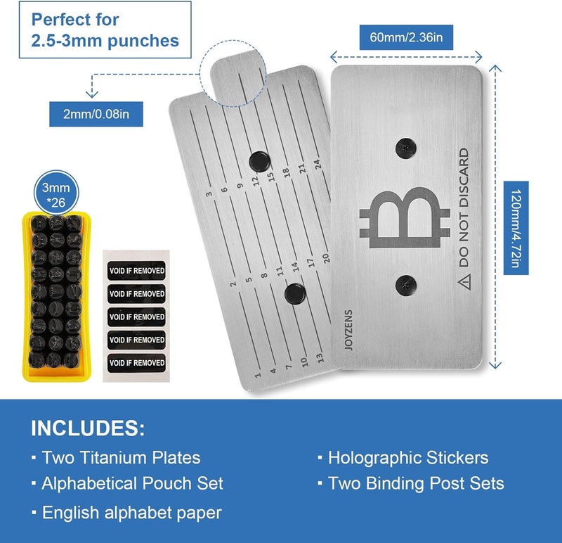 JOYZENS Seed Phrase Storage Kit - Metal Backup Plates + Stamping Tools, Bitcoin & Crypto Wallet Cold Storage, Tamper-Evident Design (2-Plates) (Alphabetic Punch Set) - Image 2
